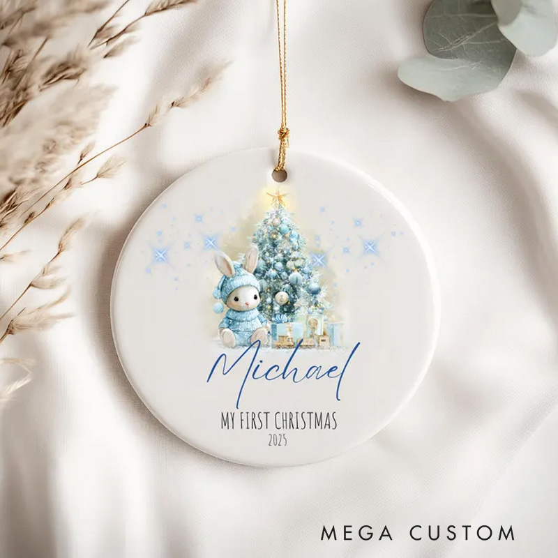 Personalized Elegant Christmas Tree and Bunny Ornament with Custom Name and Date for Cherished Holiday Memories Christmas Ornament