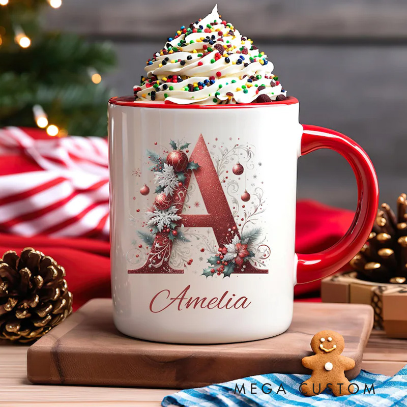Personalized Elegant Initial Mug with Festive Floral Accents and Custom Name for a Sophisticated Holiday Gift Mug