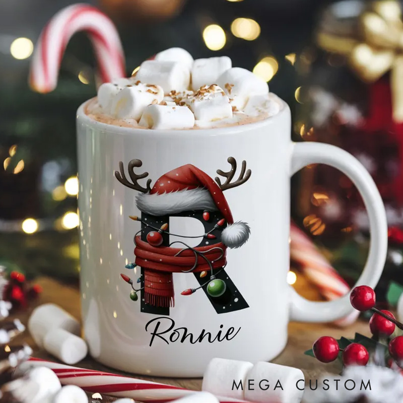 Personalized Holiday Initial Mug with Festive Decorations and Custom Name for a Cheerful and Unique Gift Mug