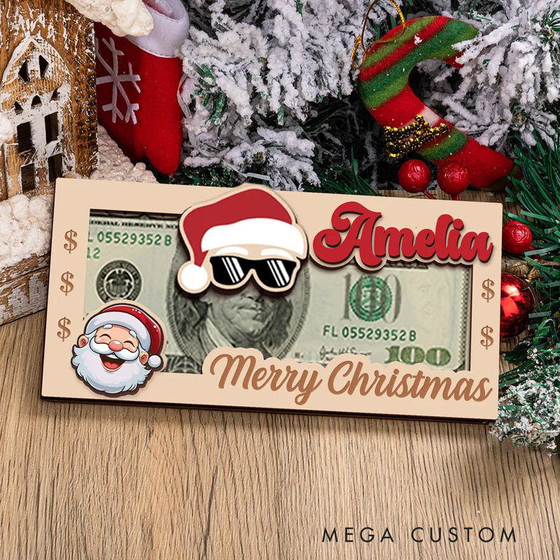 Personalized Santa Claus Hat Wooden Money Holder with Name Unique Money Card Christmas Gift for Kids Family