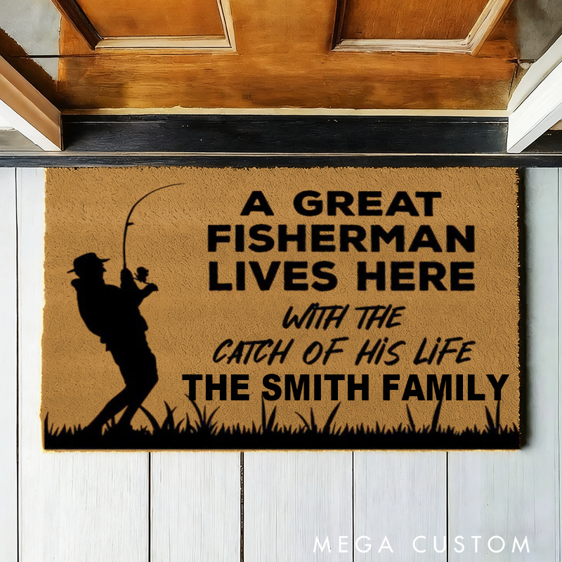 Personalised Doormat A Great Fisherman Lives Here With the Catch of His Life Funny Welcome Mat Dad Grandpa Mat Funny Fathers Day Gift Home Doormat
