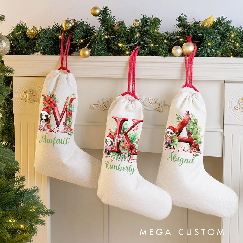 Personalized Floral Initial Cartoon Character Christmas Stocking Gift Bag with Name and Drawstring Reusable Merry Christmas Gift for Family