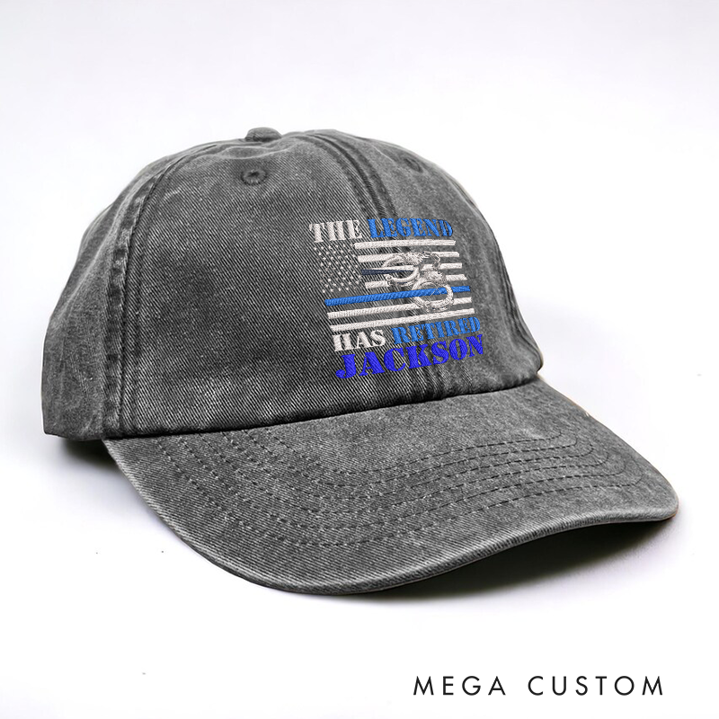 Personalized Retired Police Officer Embroidered Baseball Cap Thin Blue Line Design The Legend Has Retired Gift for Law Enforcement Veterans