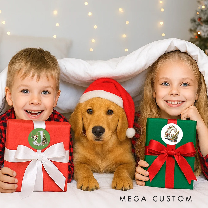Personalized Christmas Tree Elk Initial Waterproof Stickers Labels with Name Gift Decor Christmas Party Favors for Kids Family