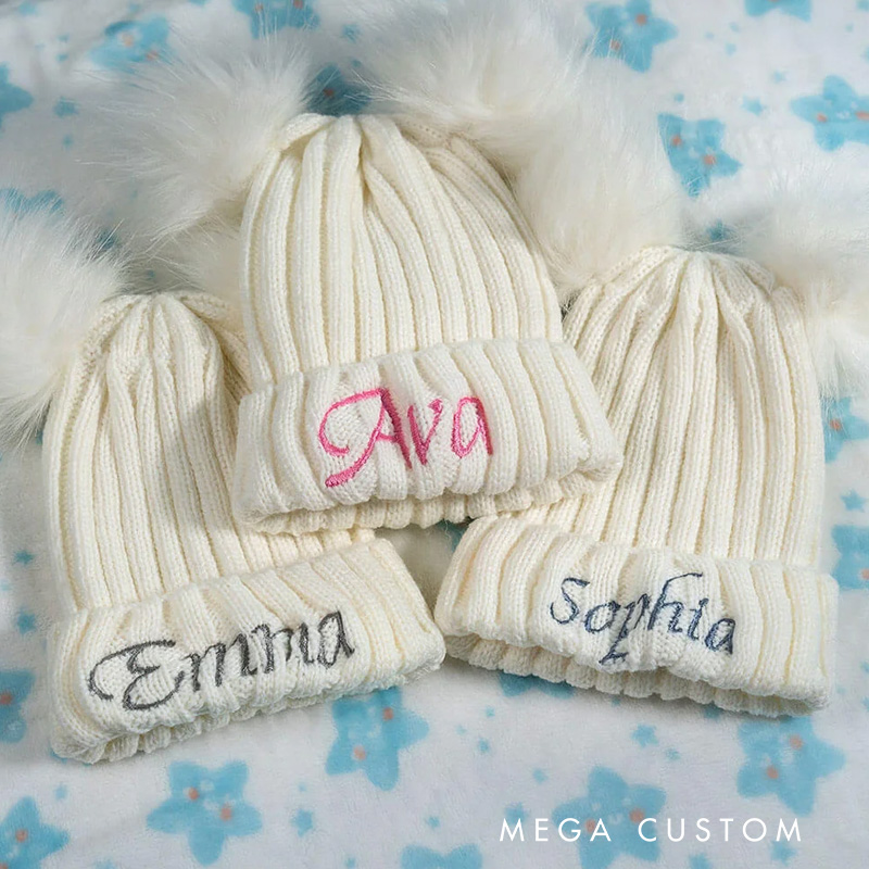 Personalized Double Pom Pom Baby Knitted Winter Hat with Embroidery Name Baby Shower Christmas Day Birthday Gift for Kid Newborn