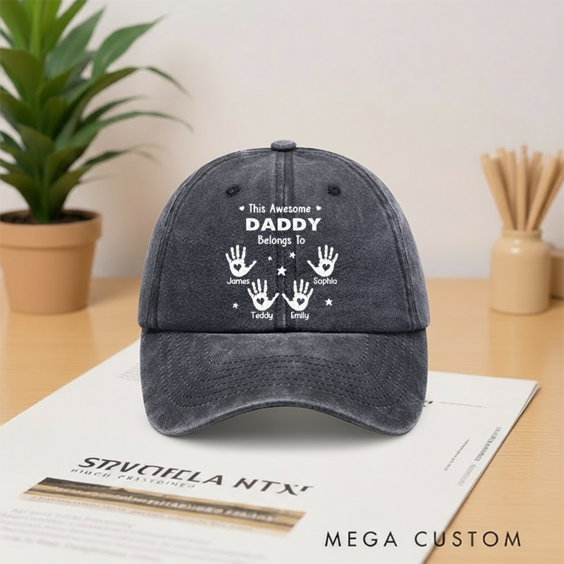 Personalized Proud Grandpa Of Little Hands Vintage Washed Denim Baseball Cap Gifts for Dad Grandpa