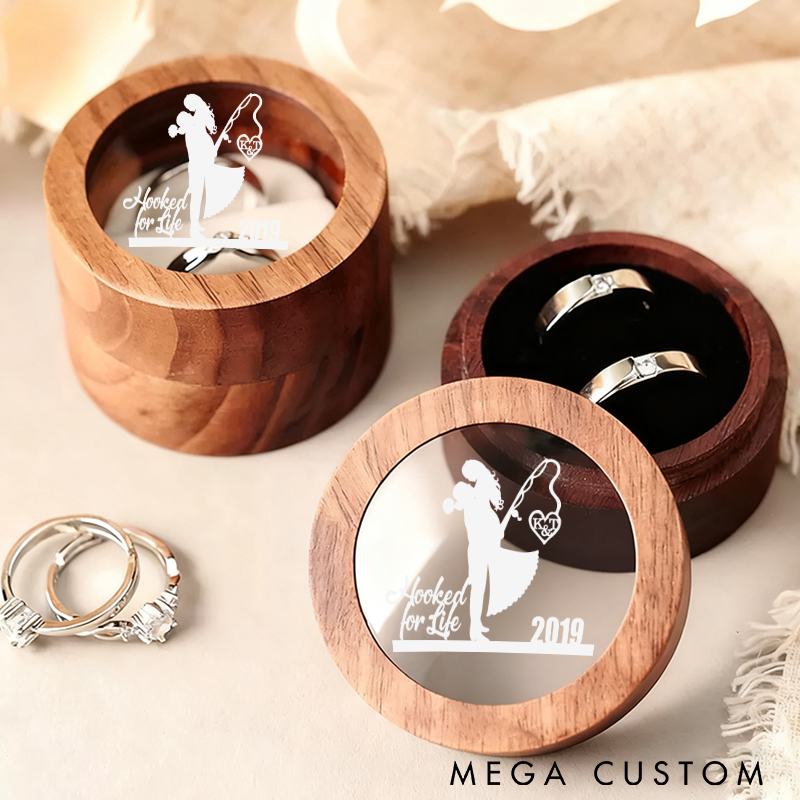 Personalized Wooden Ring Box Hooked for Life Ring Box Wooden Fishing Themed Jewelry Box Perfect for Engagements Weddings Couples and Romantic Gifts