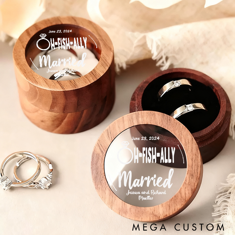 Personalized Wooden Jewelry Box Oh-Fish-Ally Married Ring Box Custom Names and Time Perfect for Weddings Engagements and Fishing Lovers