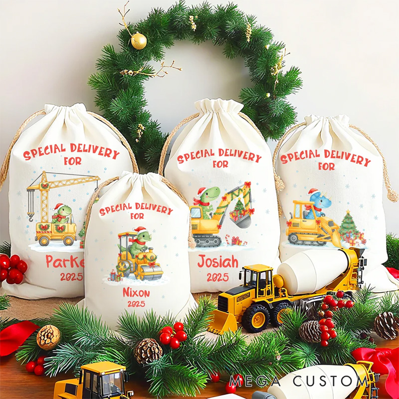 Personalized Cute Dinosaur Construction Vehicle Drawstring Gift Bag Santa Sack with Name and Year Christmas Gift for Kids