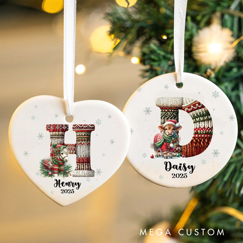 Personalized Cute Animals Knitted Design Ceramic Christmas Ornament with Initial and Name Christmas Tree Decoration Gift for Family Friends