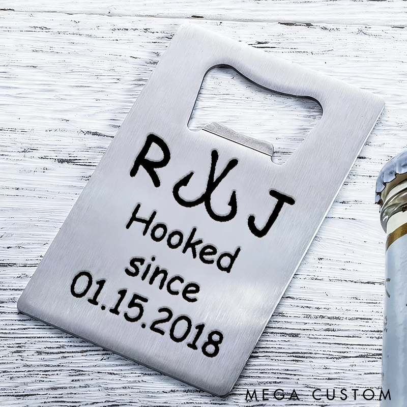 Personalized Metal Bottle Opener Valentines day Gift Boyfriend Gift Husband Gift Fishing Hook Design Custom Initials and Time Perfect for Weddings Anniversaries and Fishing Lovers