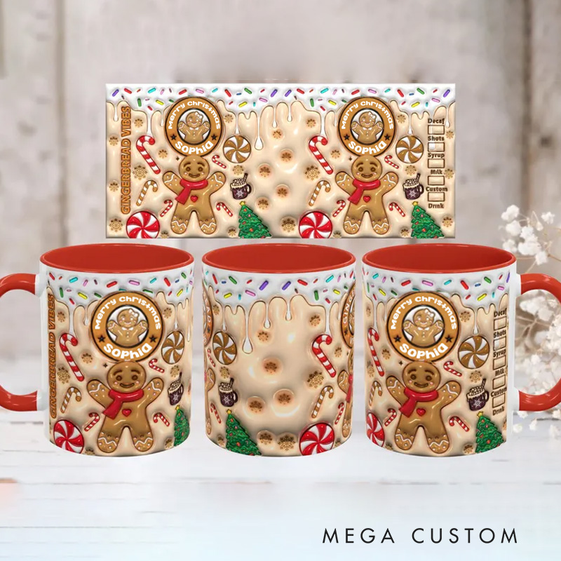 Personalized Name Gingerbread Delight Mug with Festive Candy Cane and Holiday Cheer 3D Inflated Effect Printed Mug