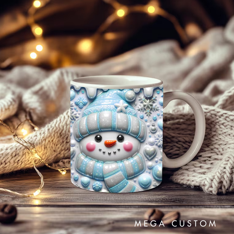 Personalized Name Cozy Snowman Mug with Heartwarming Winter Elements and Festive Cheer 3D Inflated Effect Printed Mug