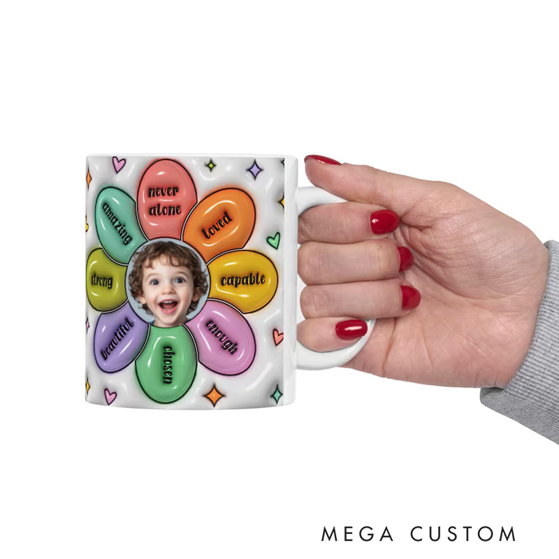 Personalized Inspirational Flower Mug with Uplifting Words and Custom Photo Center 3D Inflated Effect Printed Mug