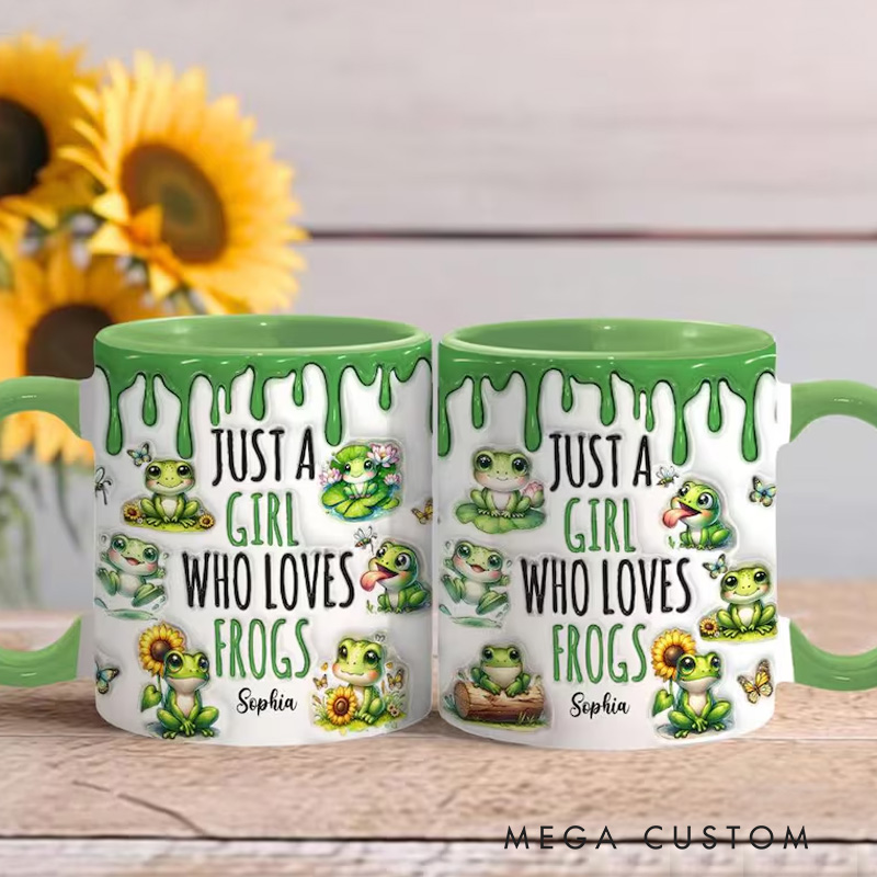 Personalized Frog Lover's Mug with Playful Amphibian Illustrations and Custom Name 3D Inflated Effect Printed Mug