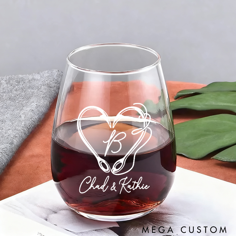 Personalized Fishing Wine Glasses with Hooked Heart Design Custom Names and Time Perfect Gift for Couples Weddings Engagements or Anniversaries