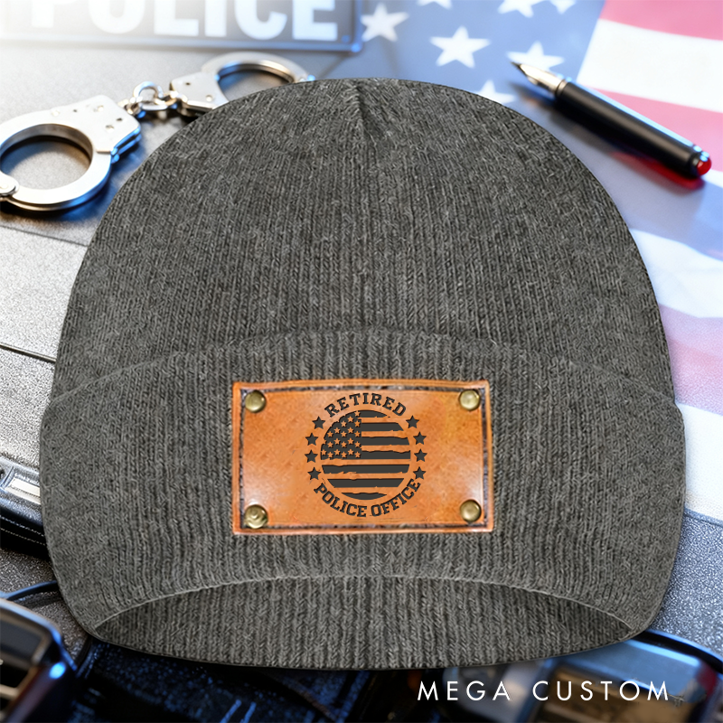 Personalized Retired Police Officer Beanie with Leather Patch Design Thoughtful Gift for Law Enforcement 