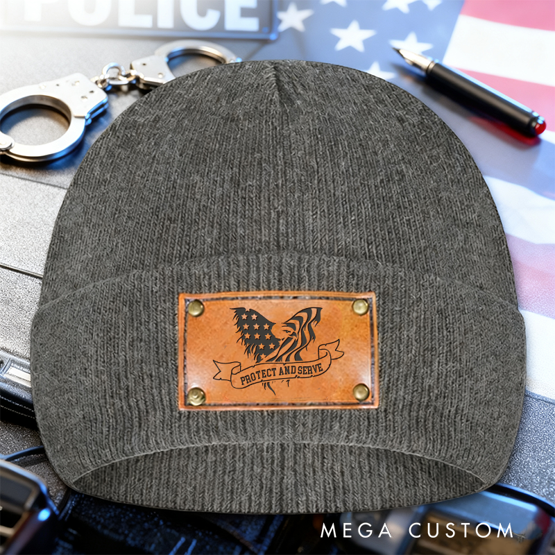 Personalized Protect and Serve Beanie Eagle Leather Patch Design Thoughtful Gift for Law Enforcement Officers