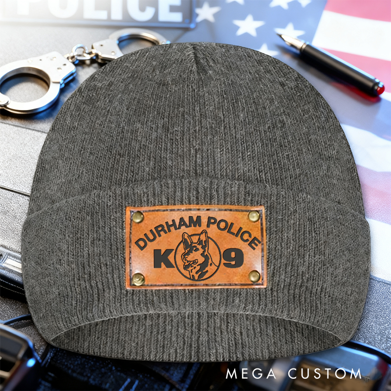 Personalized Police K9 Unit Beanie with Leather Patch Design Custom Gift for Law Enforcement and Dog Handlers