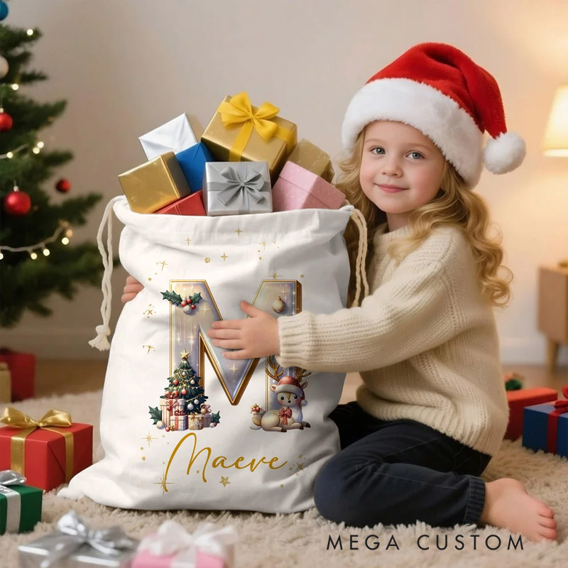 Personalized Cute Cartoon Elk Christmas Tree Initial Canvas Drawstring Gift Bag with Name Christmas Gift for Friends Family