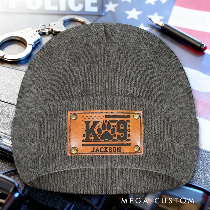 Personalized K9 Unit Beanie Leather Patch Design Unique Gift for Dog Handlers and Law Enforcement