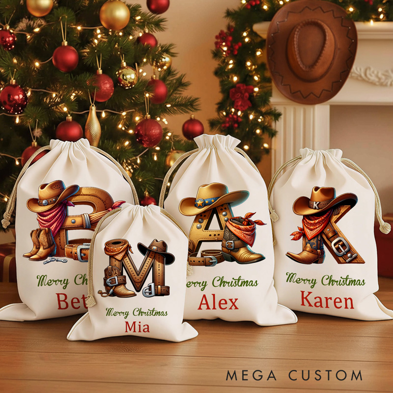 Personalized Santa Sack with Custom Name Western Christmas Gift Bag for Kids and Family Christmas Cowboy Boot Initial Name Gift Bag
