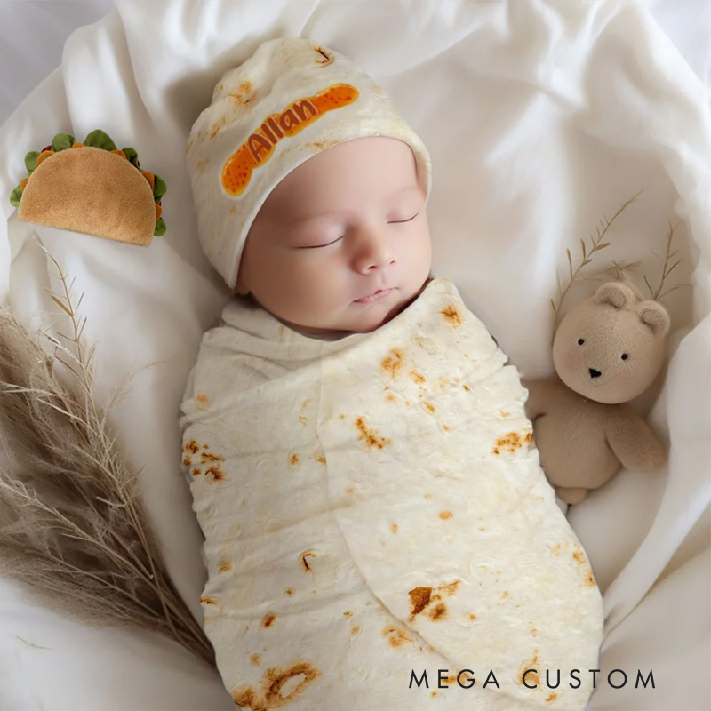 Personalized Tortilla Swaddle Blanket and Knot Hat Set with Name Birthday Baby Shower Gift for Newborns Babies