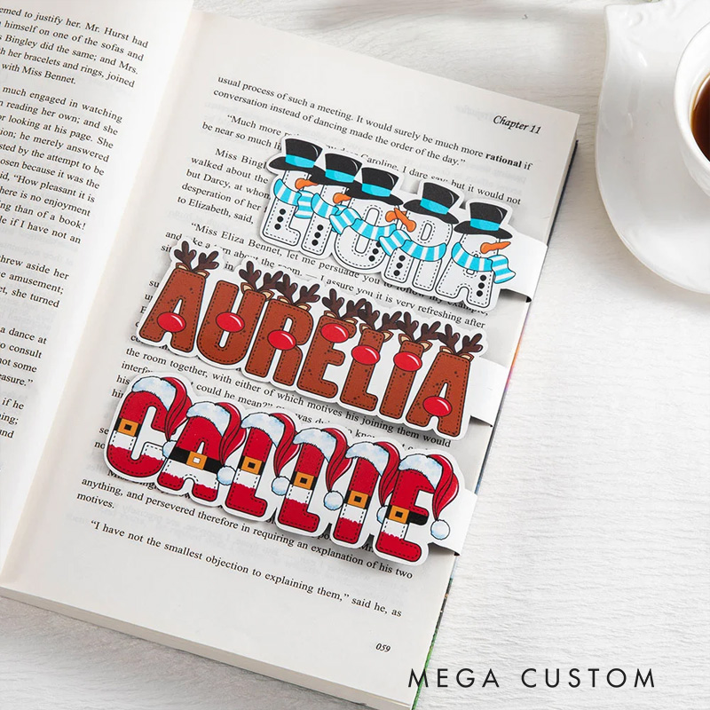 Personalized Elf Snowman Reindeer Doodle Letter Name Magnetic Bookmark Clips Set of 2 Birthday Christmas Gift for Kids Family