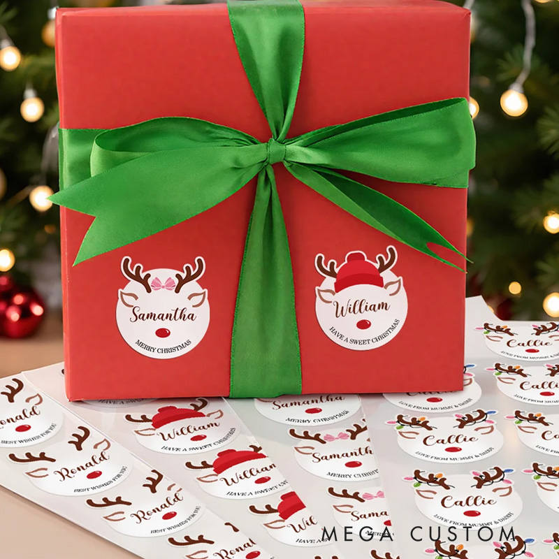 Personalized Cute Christmas Reindeer Waterproof Stickers Labels with Name and Text Gift Decor Christmas Festival Party Favors for Family Friends