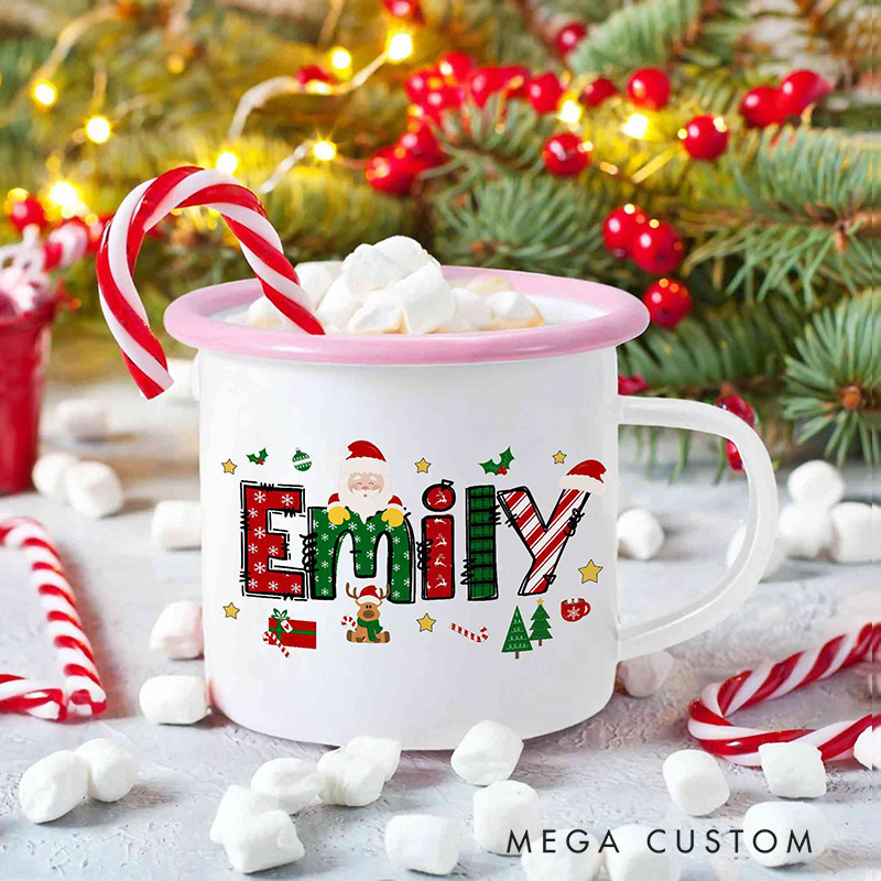 Custom Name Cartoon Christmas Theme Enamel Mug 12oz Shatterproof Cup with Handle Cocoa Milk Mug Christmas Gift for Kids