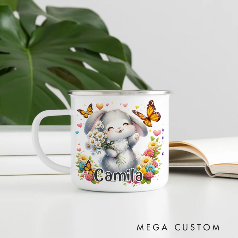 Personalized Wildflower Cute Animal Portable 12 oz Enamel Cup with Name Back to School Birthday Gift for Boys Girls
