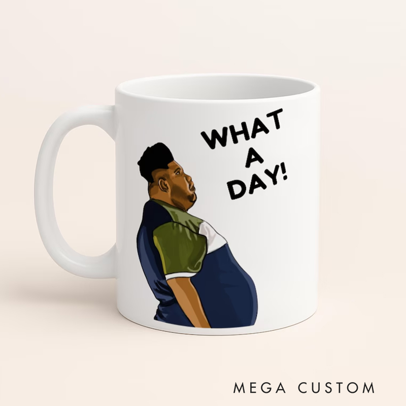 Personalized Humorous Daily Grind Mug with Playful Character Illustration and Lighthearted What a Day Message Mug