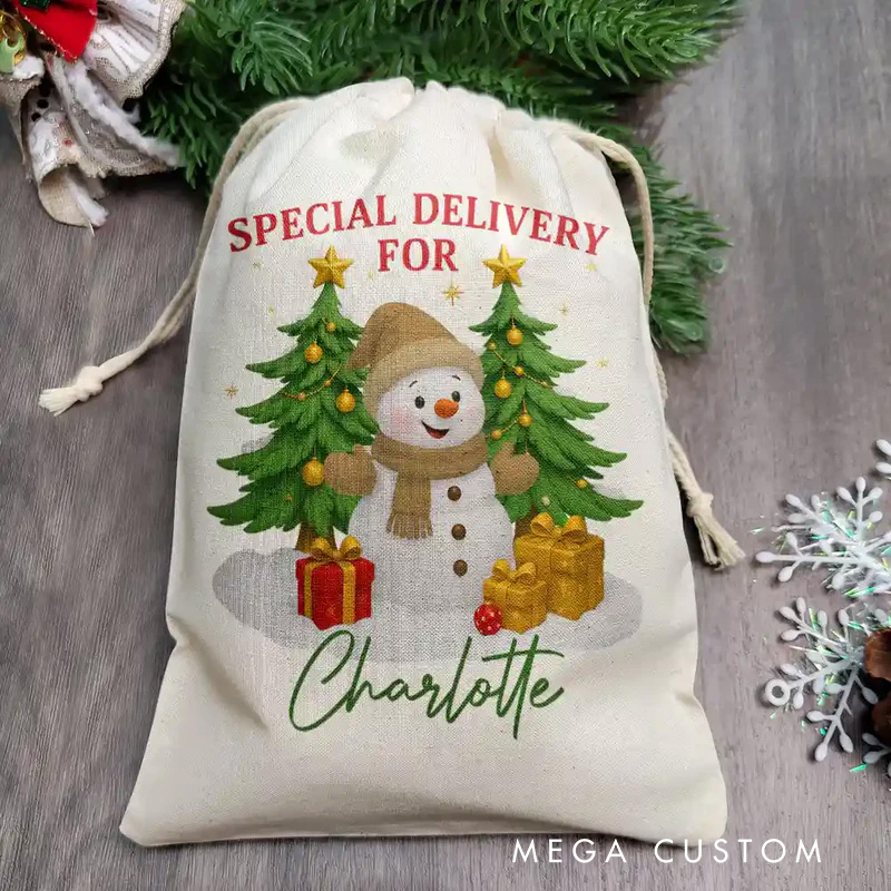 Personalized Snowman and Tree Christmas Bag with Custom Name for Heartwarming Holiday Gift Deliveries Christmas Bag