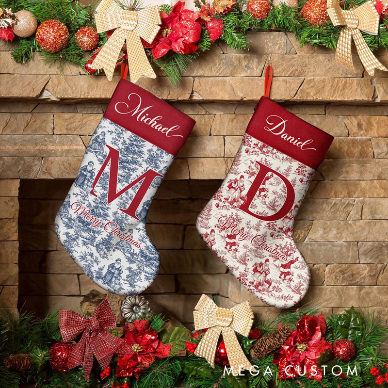 Personalized Toile De Jouy Style Santa Claus Initial Hanging Christmas Stocking with Name Home Decor Christmas Gift for Kid Family