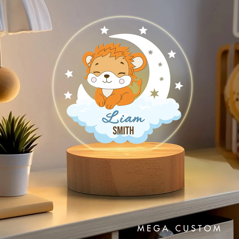 Personalized Dreamy Moon Forest Animal LED Night Light with Name Text and Wooden Base Nursery Room Decor Birthday Baby Shower Gift for Baby Kid