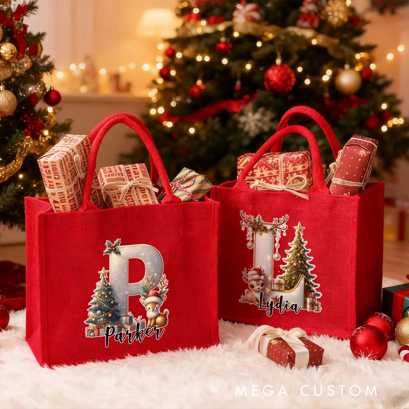 Personalized Christmas Tree Elk Large Capacity Jute Red Tote Bag with Initial and Name Christmas Party Gift for Kids Adults