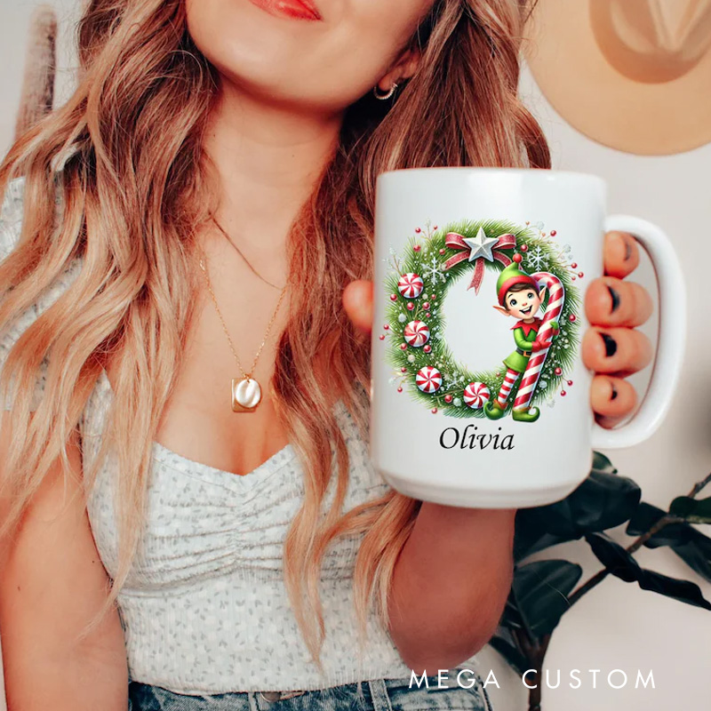 Personalized Festive Initial Mug with Holiday Decorations and Custom Name for Cheerful and Unique Gift Mug