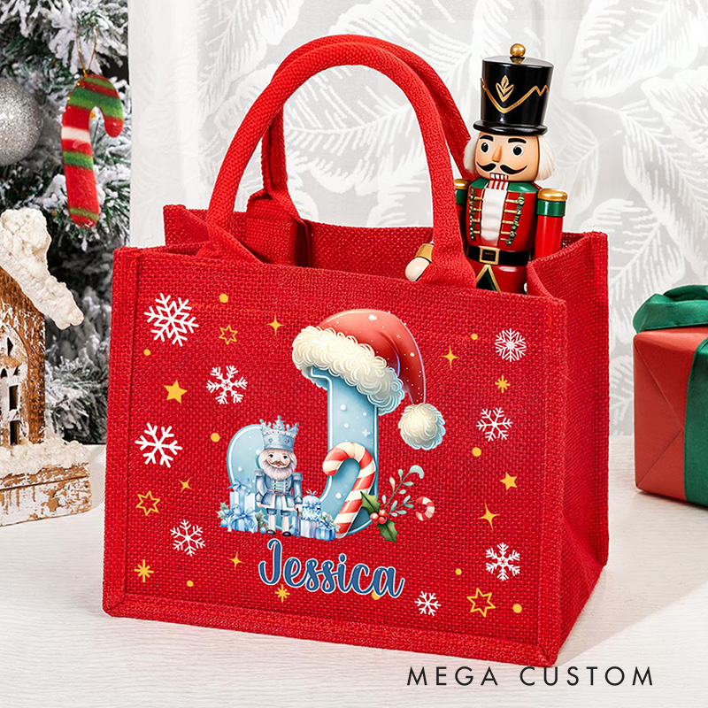 Personalized Gift Sack Custom Name with Pink or Blue Letters Christmas Nutcracker Initial Name Red Burlap Bag 