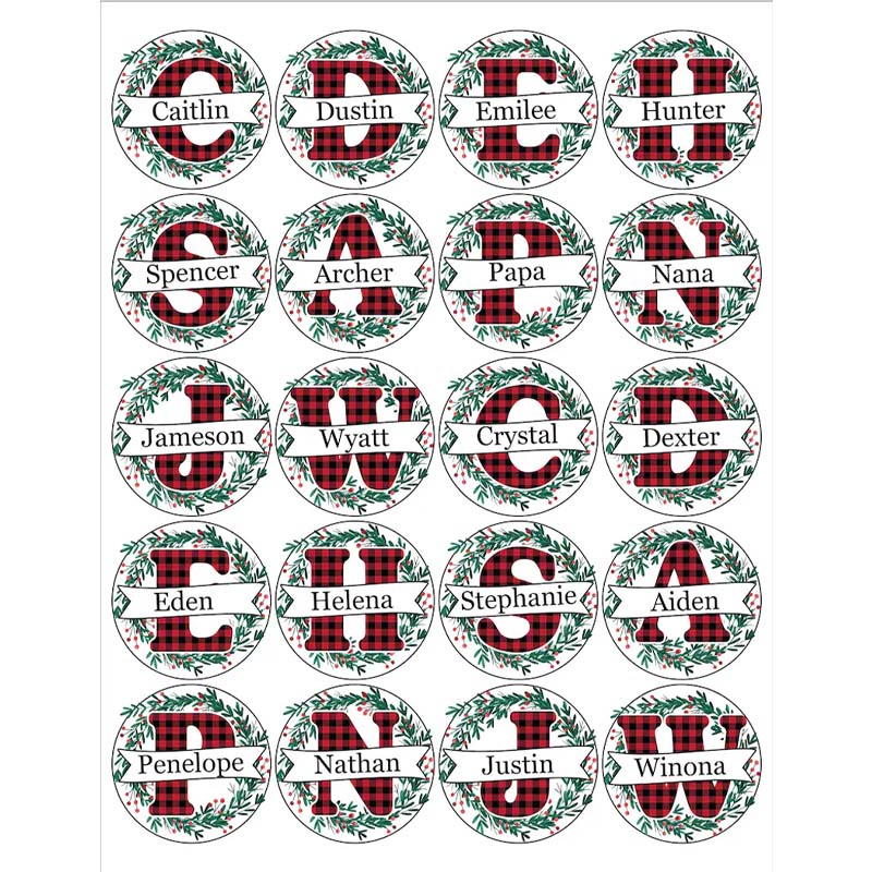 Personalized Plaid Initial Sticker with Festive Greenery and Custom Name for Unique Holiday Gift Wrapping Sticker