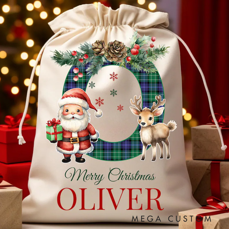 Personalized Santa and Reindeer Christmas Bag with Festive Plaid and Custom Name for Joyful Gift Giving Christmas Bag