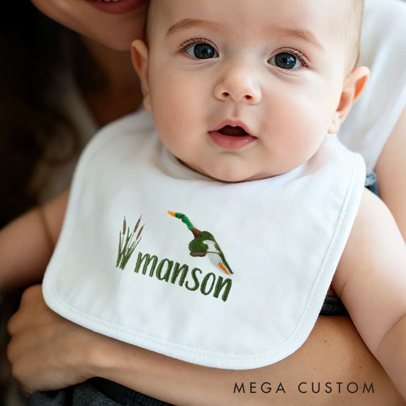 Personalized Embroidered Mallard Duck Reed Soft 100% Cotton Baby Bib with Name Feeding Accessory Baby Shower Welcome Christmas Gift for Baby Kid