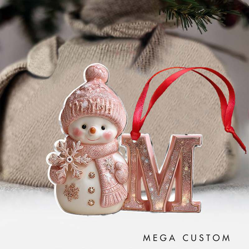 Personalized Snowman Ornament with Glittery Initial Design and Cozy Winter Details Perfect for Holiday Decor Christmas Ornament