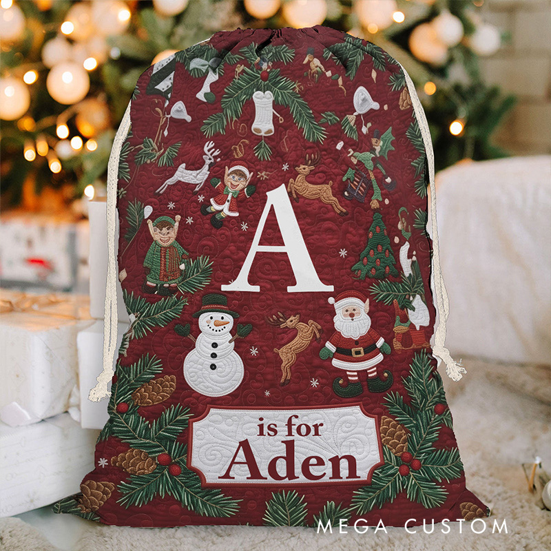 Personalized Festive Gift Sack with Initial and Name Design Featuring Holiday Icons Perfect for Joyful Celebrations Christmas Bag