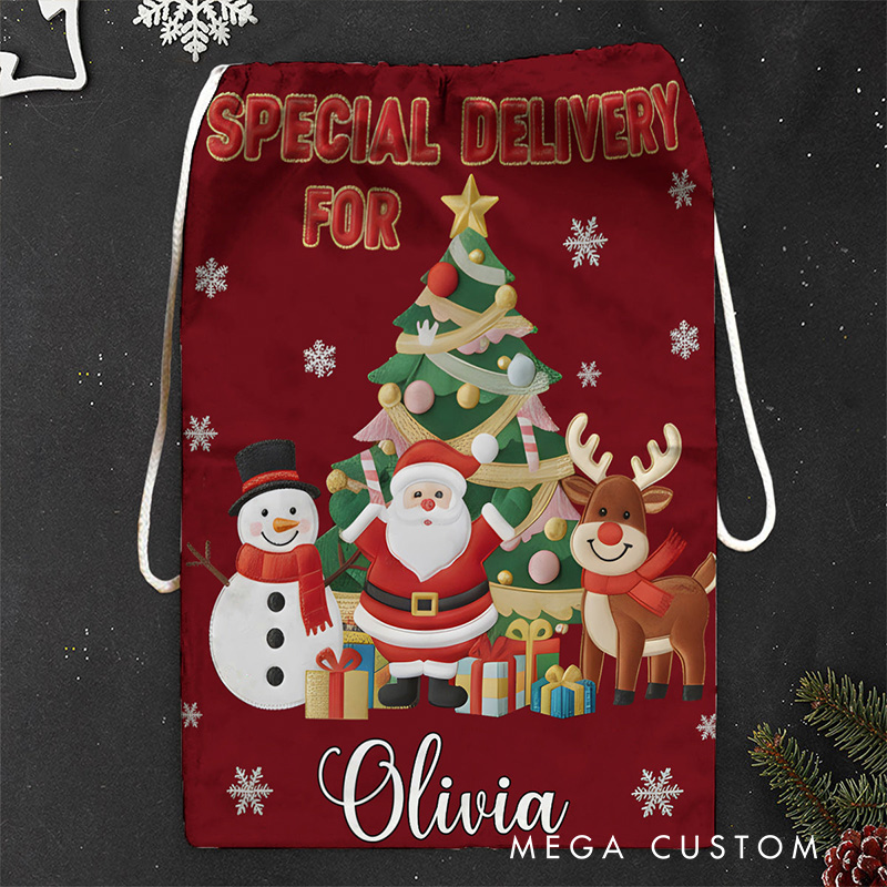 Personalized Christmas Gift Sack with Santa and Friends Design Featuring Custom Name Perfect for Holiday Cheer Christmas Bag