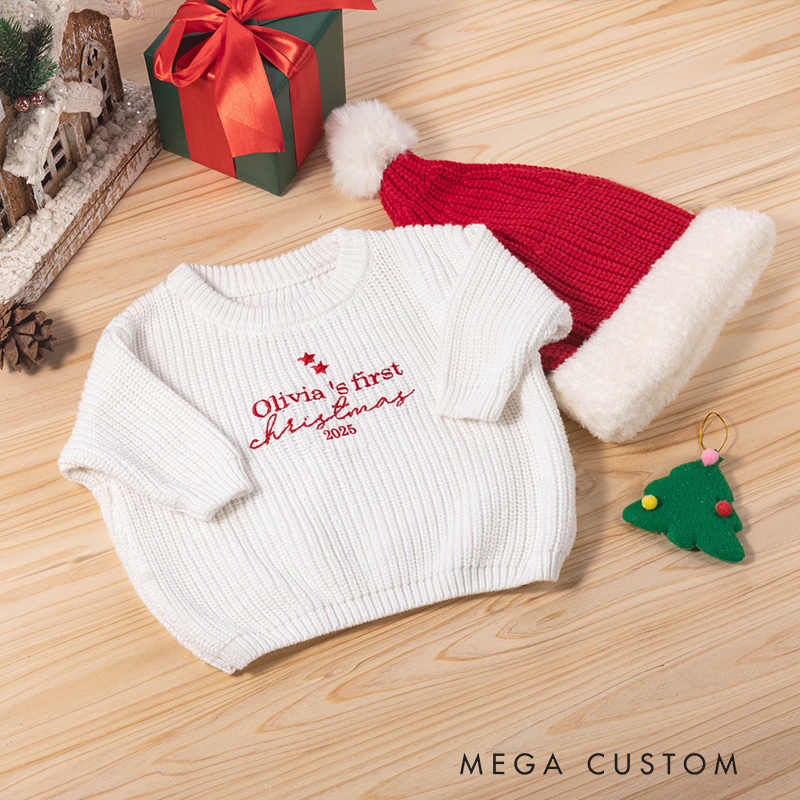 Personalized Embroidered Baby Sweater with First Christmas Design Featuring Custom Name and Year Perfect for Holiday Memories Sweater