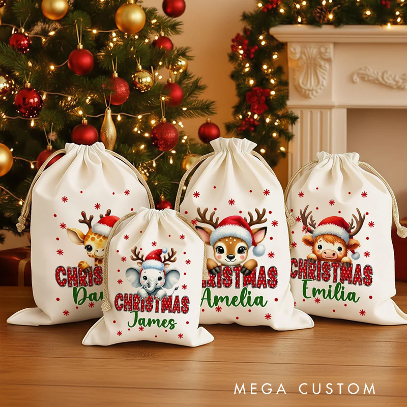 Personalized Santa Hat Deer Fantasy Unicorn Cute Animal Canvas Drawstring Gift Bag with Name Christmas Gift for Family Friends