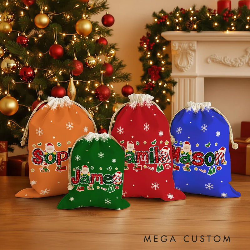 Personalized Santa Claus Elk Christmas Element Alphabet Canvas Drawstring Gift Bag with Name Christmas Gift for Kids
