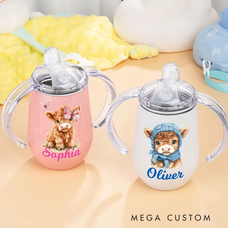 Personalized Cute Highland Cow 10 oz Insulated Name Sippy Cup with Lid and Handle Birthday Baby Shower Gift for Toddler Kids