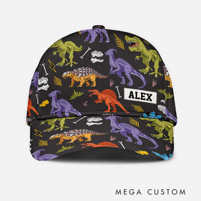 Personalized Dinosaur Pattern Cap with Custom Name and Colorful Prehistoric Design Perfect for Dino Enthusiasts Kid Classic Cap