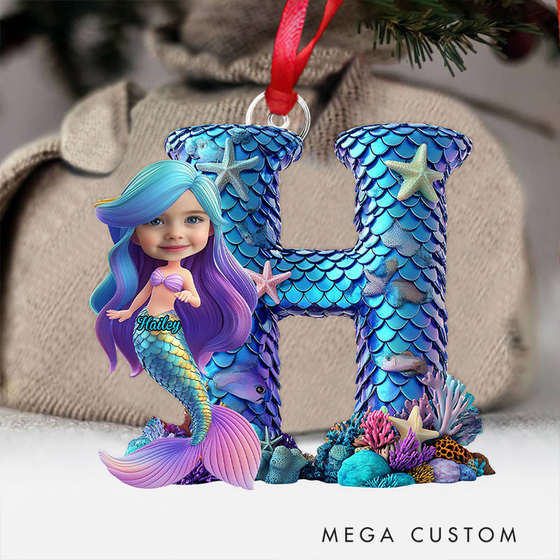 Personalized Mermaid Alphabet Ornament with Custom Letter and Photo Enchanting Underwater Design Perfect for Magical Holiday Decor Christmas Ornament